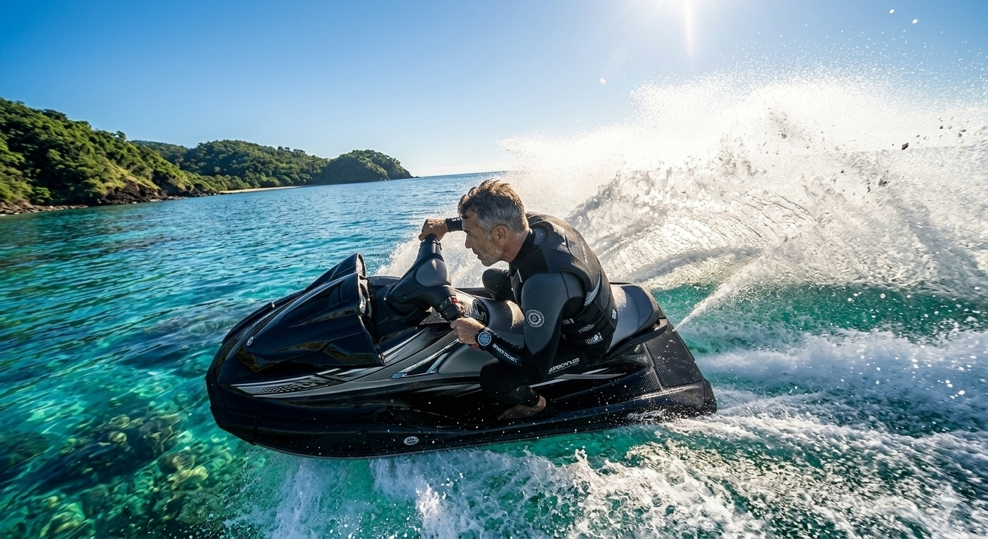 Prompt for Nano Banana2: A dynamic shot of a person jet skiing on crystal clear turquoise waters under a bright sunny sky, splashing water, high action, cinematic lighting, 8k resolution.